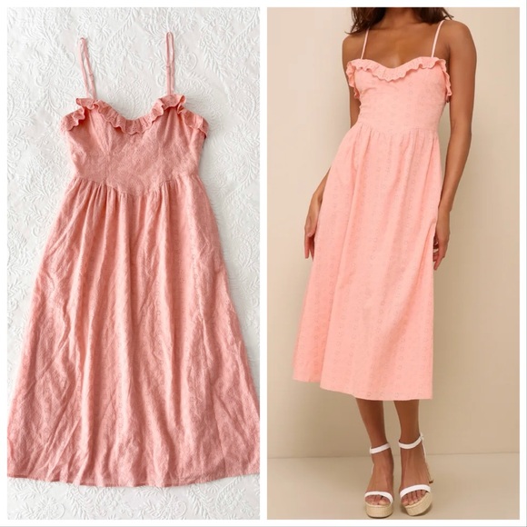 Lulus Lovely Weather Pink Embroidered Bustier Midi Dress with Pockets Small - Picture 1 of 8